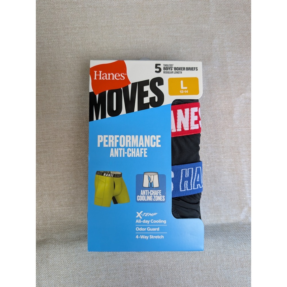 Hanes Boxer Briefs Boys L 12-14 Black NWT 5-Pack MOVES Performance Anti-Chafe